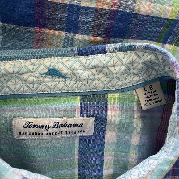 Tommy Bahama Barbados Breeze Stretch Linen Blend Mens Shirt Size L Blue Preppy - Picture 7 of 8